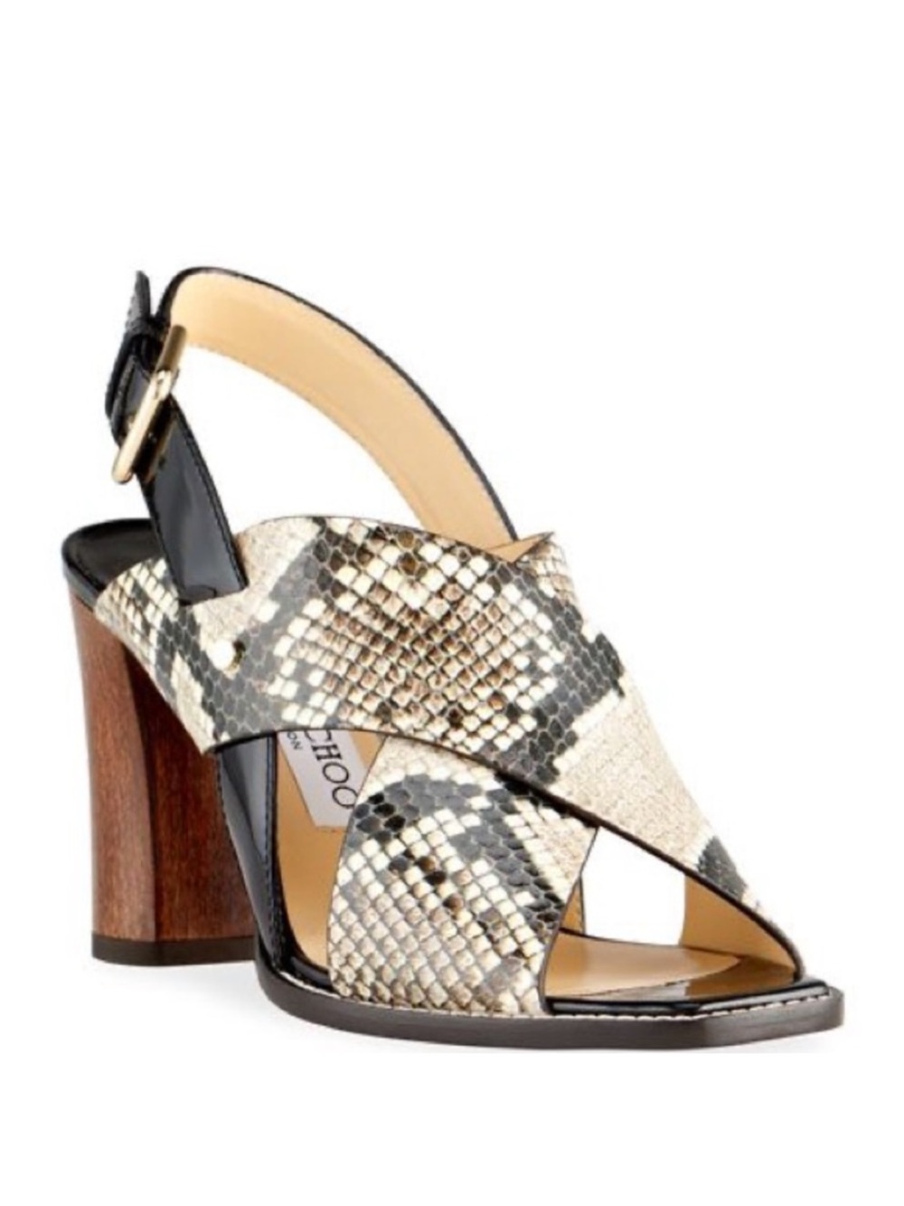 Jimmy Choo Aix 85 Snake Printed Calf  Leather Sandals in Dijon/Black Size 39